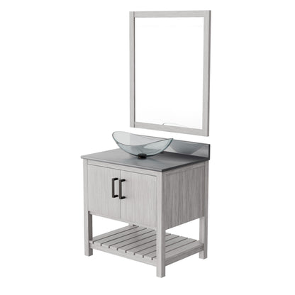 Novatto 30-inch bath vanity with storm grey quartz countertop and sink, featuring modern design and durable fixtures.