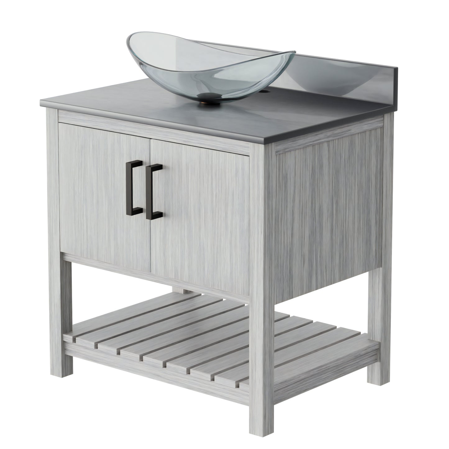 30-inch Novatto bath vanity with storm grey quartz countertop and integrated sink, showcasing sleek bathroom accessory design.