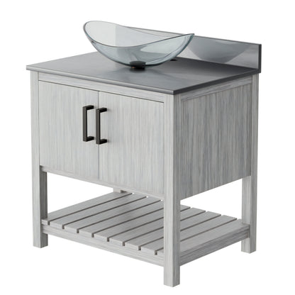 30-inch Novatto bath vanity with storm grey quartz countertop and integrated sink, showcasing sleek bathroom accessory design.