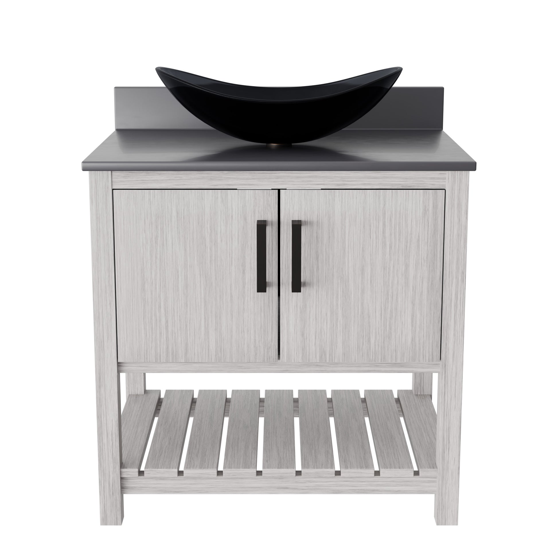 30-inch Novatto bathroom vanity with storm grey quartz countertop and sink, featuring modern design and elegant finish.