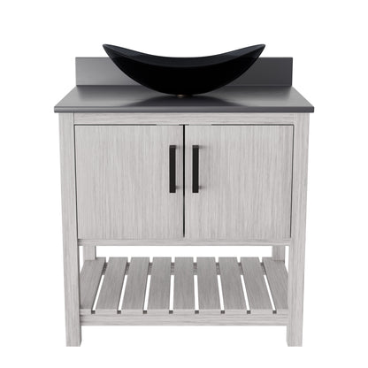 30-inch Novatto bathroom vanity with storm grey quartz countertop and sink, featuring modern design and elegant finish.