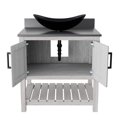 30-inch Novatto bath vanity with storm grey quartz countertop and sink, showcasing sleek design and modern bathroom accessory.
