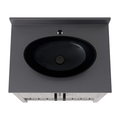 30-inch Novatto bath vanity with storm grey quartz countertop and integrated sink, showcasing sleek bathroom accessory design.