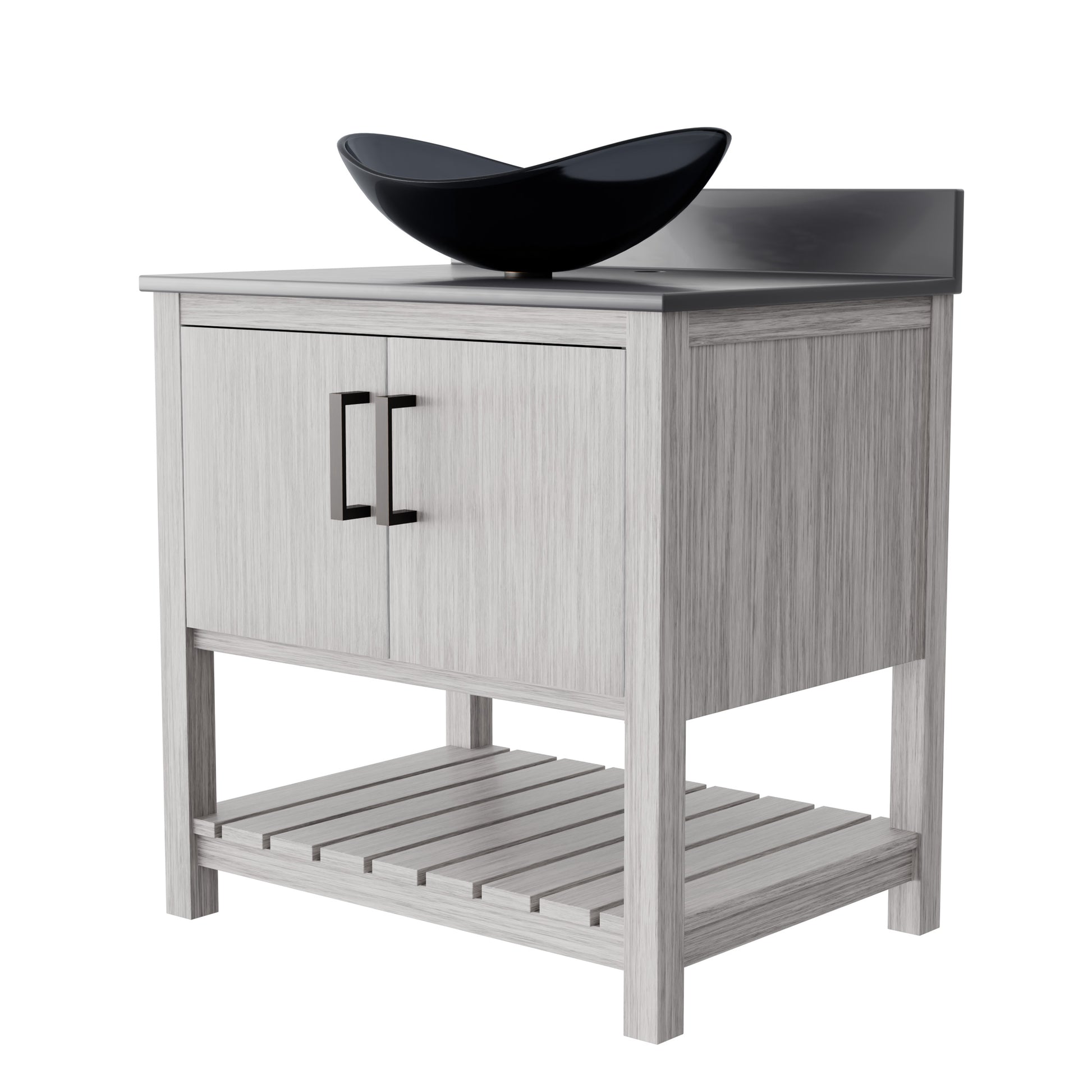 30-inch Novatto bath vanity with storm grey quartz counter and sink, featuring modern design and sleek finish.