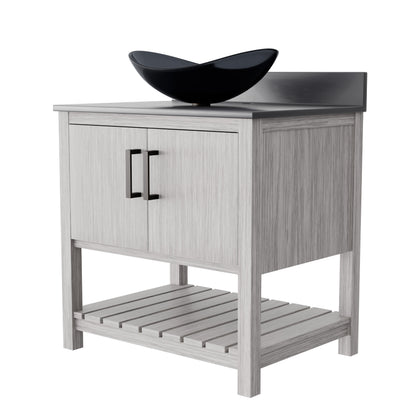 30-inch Novatto bath vanity with storm grey quartz counter and sink, featuring modern design and sleek finish.