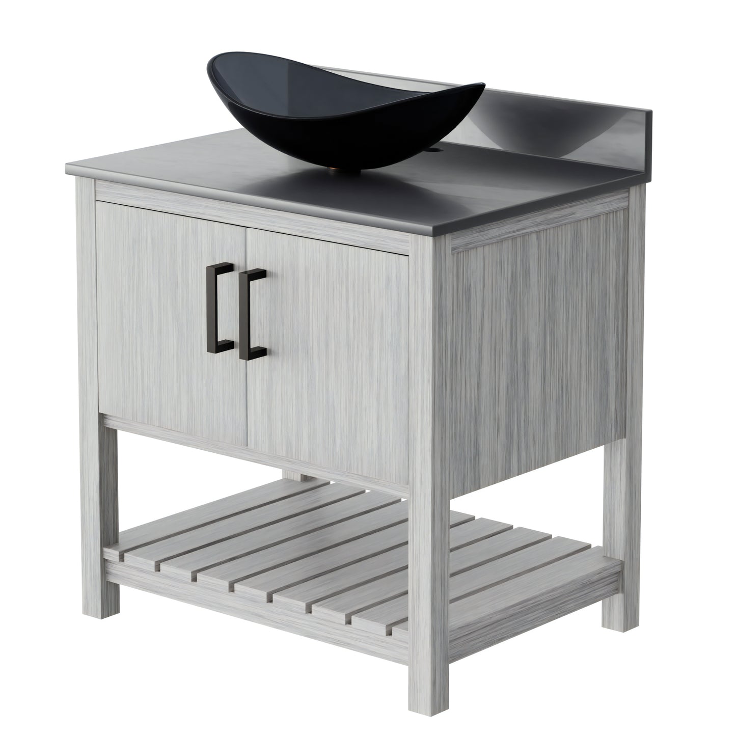 30-inch Novatto bath vanity with storm grey quartz countertop and sink, showcasing sleek bathroom accessory design.
