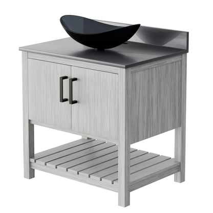 30-inch Novatto bath vanity with storm grey quartz countertop and sink, showcasing sleek bathroom accessory design.