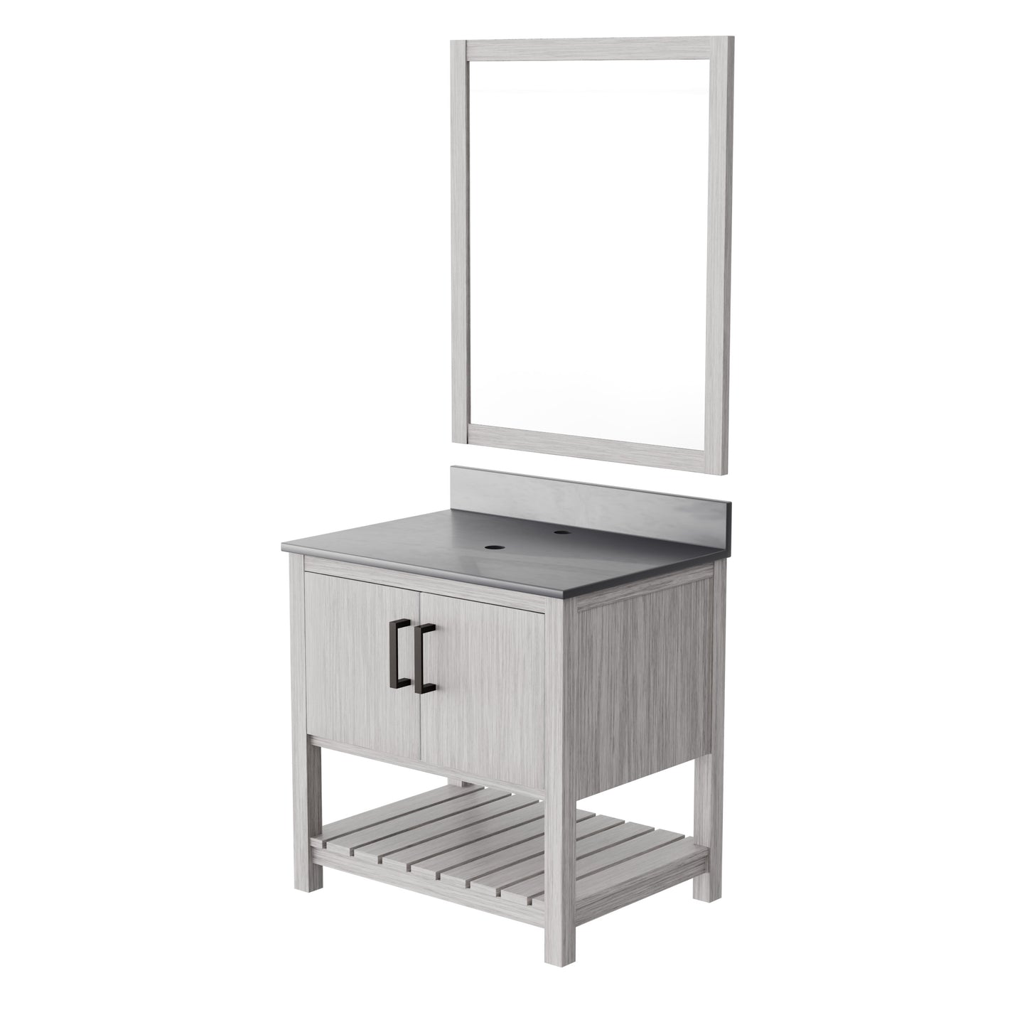 30-inch Novatto vanity with storm grey quartz countertop, featuring sleek modern design and mirror in the image.