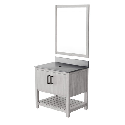 30-inch Novatto vanity with storm grey quartz countertop, featuring sleek modern design and mirror in the image.