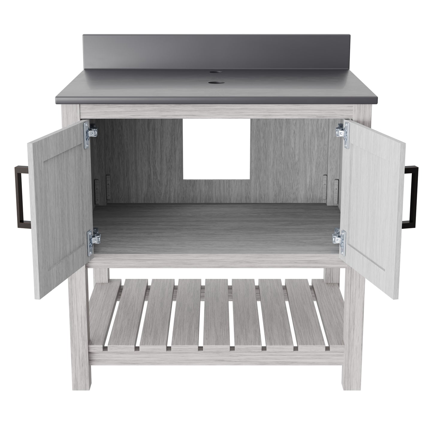 30-inch Novatto vanity with storm grey quartz countertop, showcasing sleek modern design and durable surface.