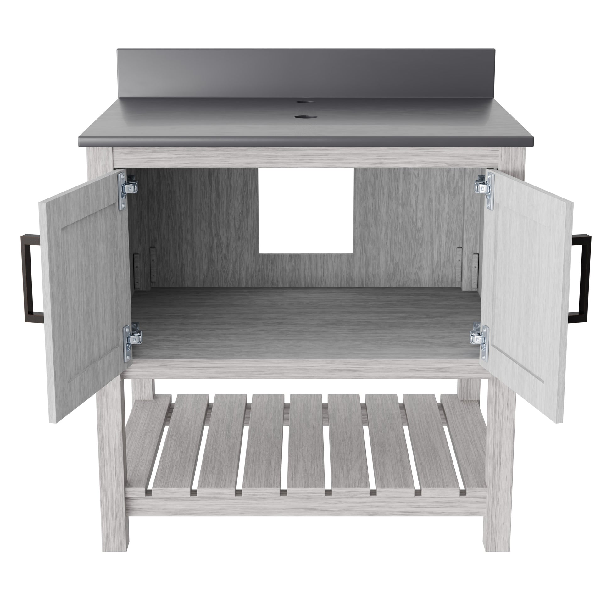 30-inch Novatto vanity with storm grey quartz countertop, showcasing sleek modern design and durable surface.