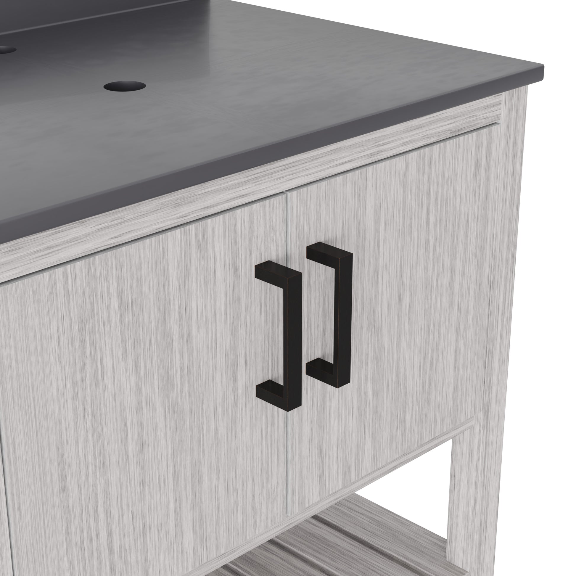 30-inch vanity with Storm Grey Quartz countertop by Novatto, showcasing a modern bathroom accessory with sleek design.
