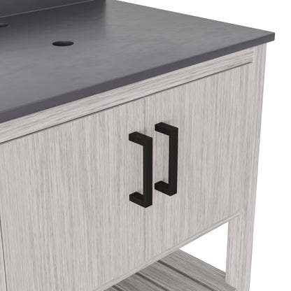 30-inch vanity with Storm Grey Quartz countertop by Novatto, showcasing a modern bathroom accessory with sleek design.