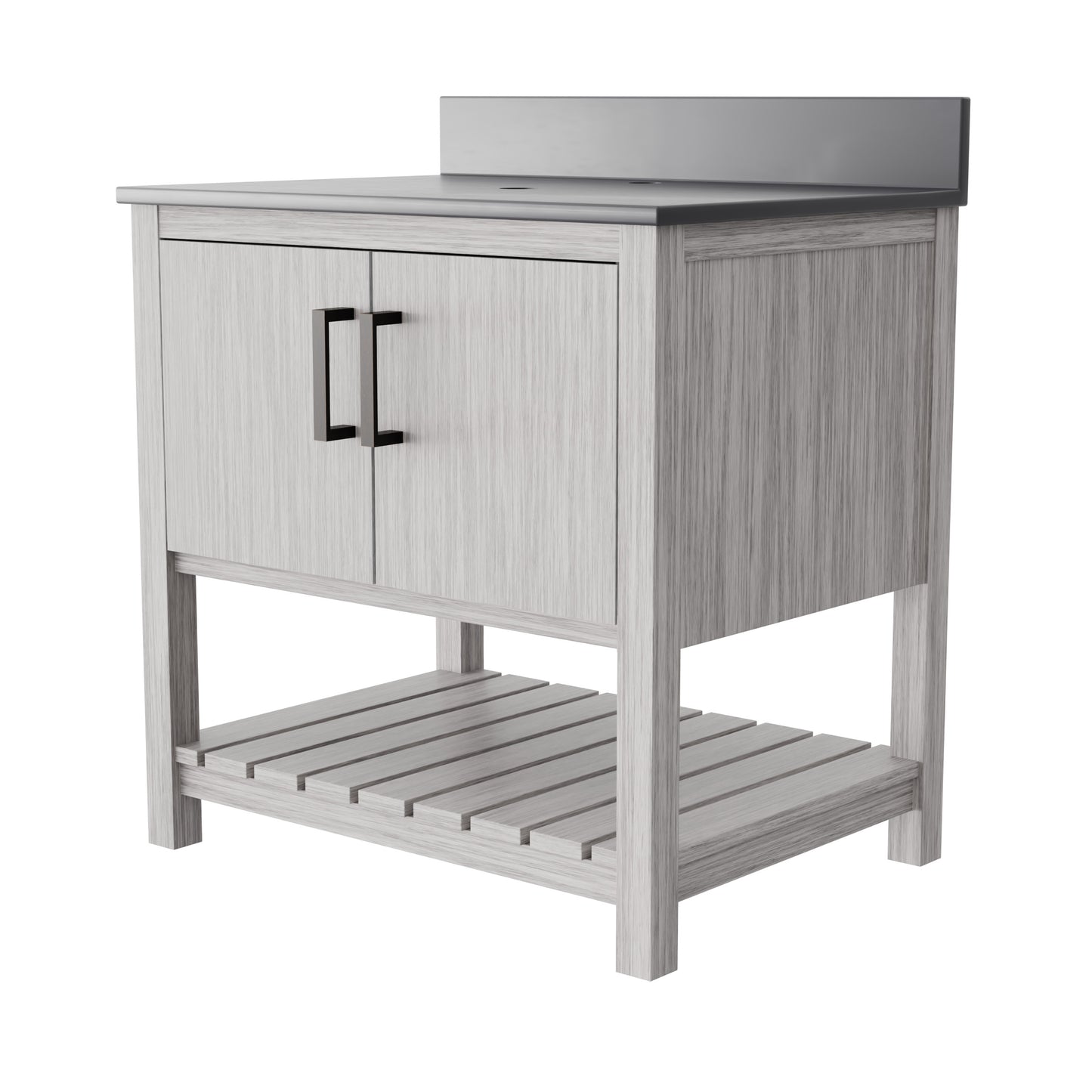 30-inch Novatto vanity with storm grey quartz countertop, modern bathroom accessory with sleek design and durable surface