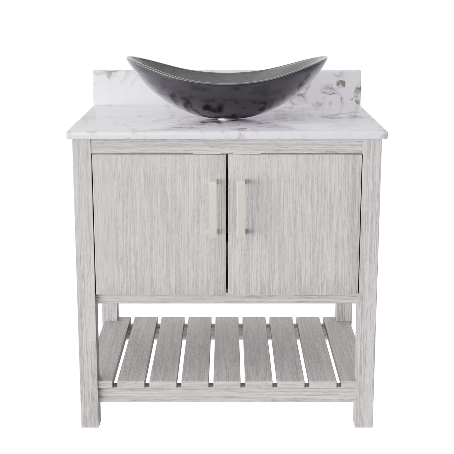 Novatto 30-inch bath vanity with café mocha quartz countertop and integrated sink, modern bathroom accessory design.