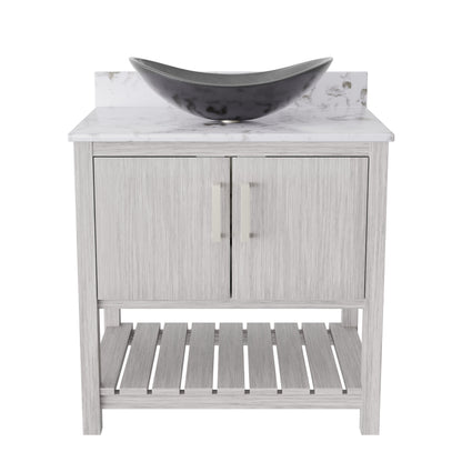 Novatto 30-inch bath vanity with café mocha quartz countertop and integrated sink, modern bathroom accessory design.