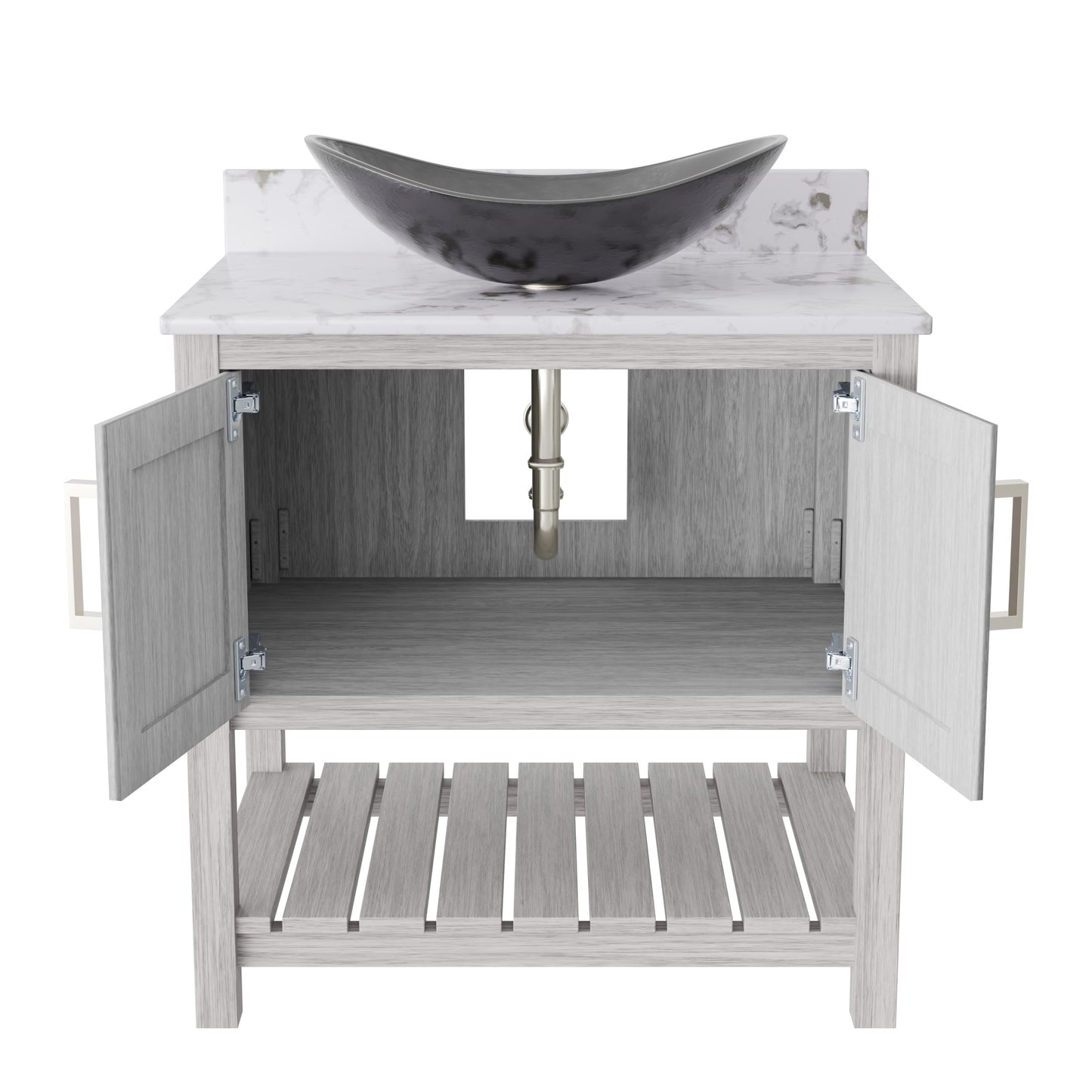 30-inch Novatto bath vanity with café mocha quartz countertop and integrated sink, showcasing modern bathroom accessory design.