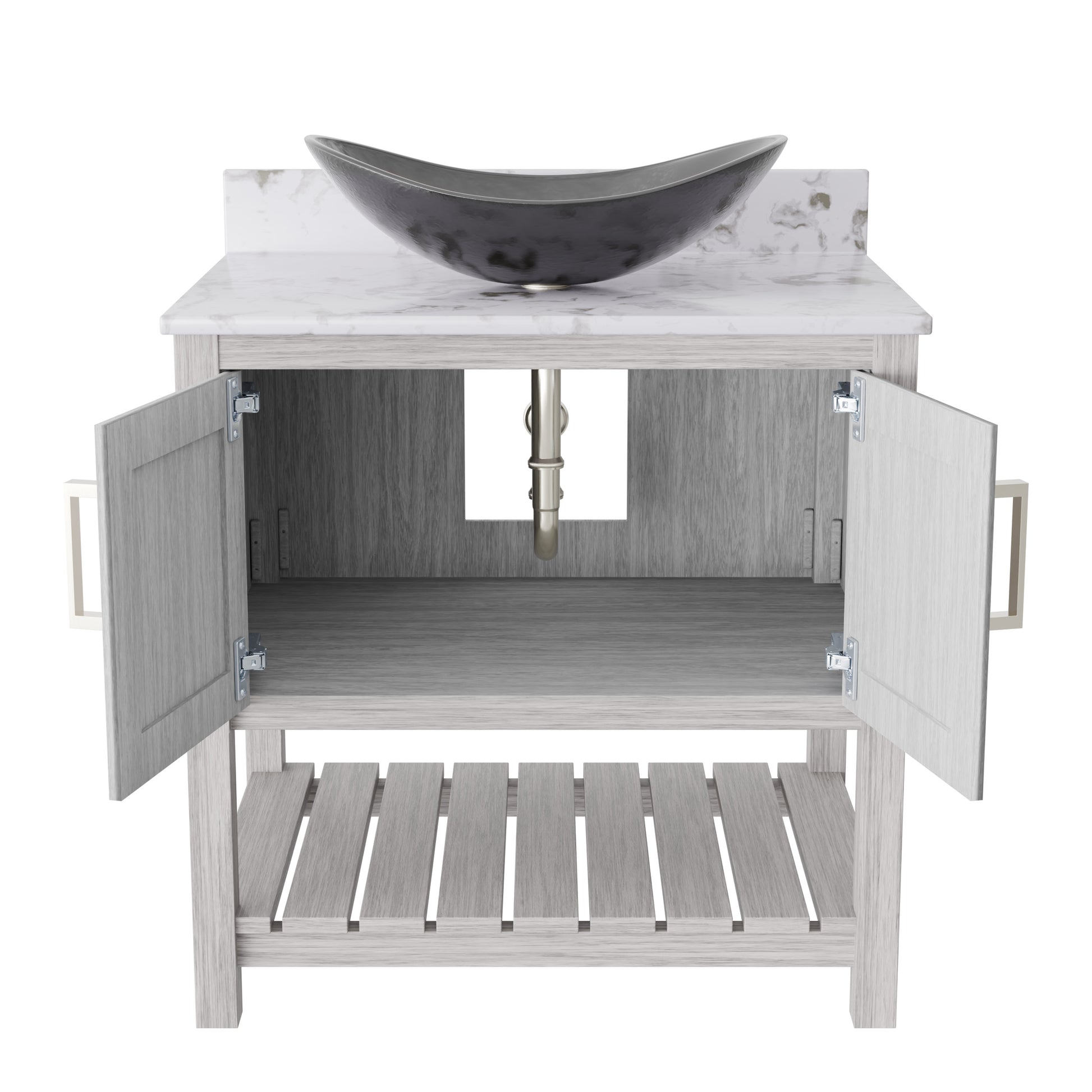 30-inch Novatto bath vanity with café mocha quartz countertop and integrated sink, showcasing modern bathroom accessory design.