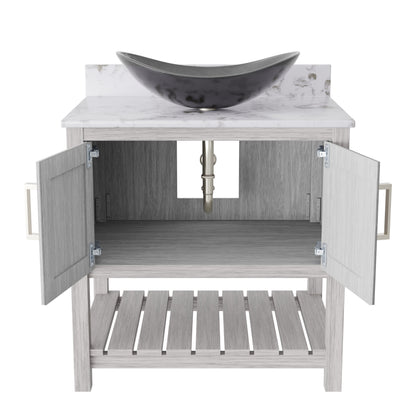 30-inch Novatto bath vanity with café mocha quartz countertop and integrated sink, showcasing modern bathroom accessory design.