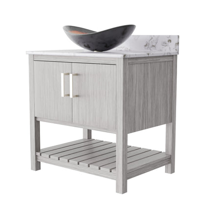 30-inch Novatto bath vanity with café mocha quartz countertop and integrated sink, showcasing modern bathroom accessory design.