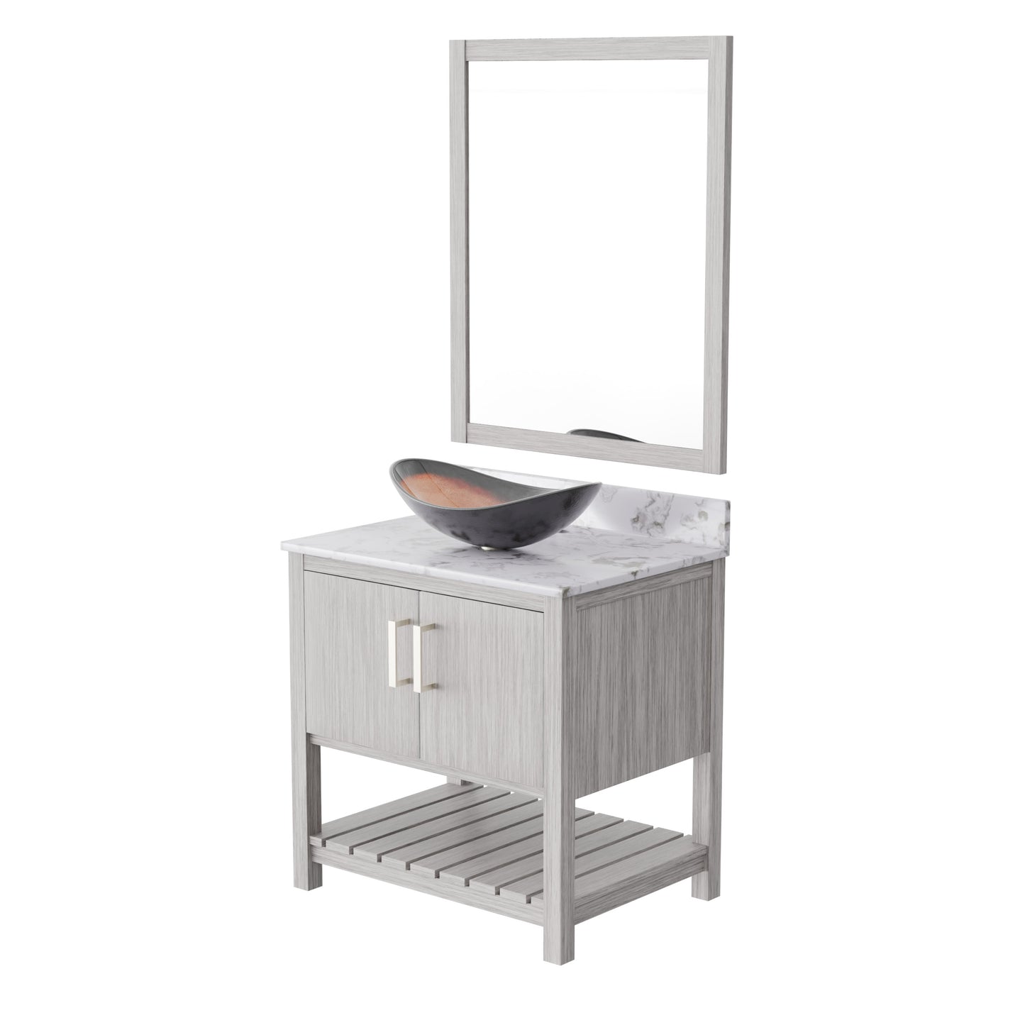 30-inch Novatto bath vanity with café mocha quartz countertop and integrated sink, showcasing modern bathroom accessory design.