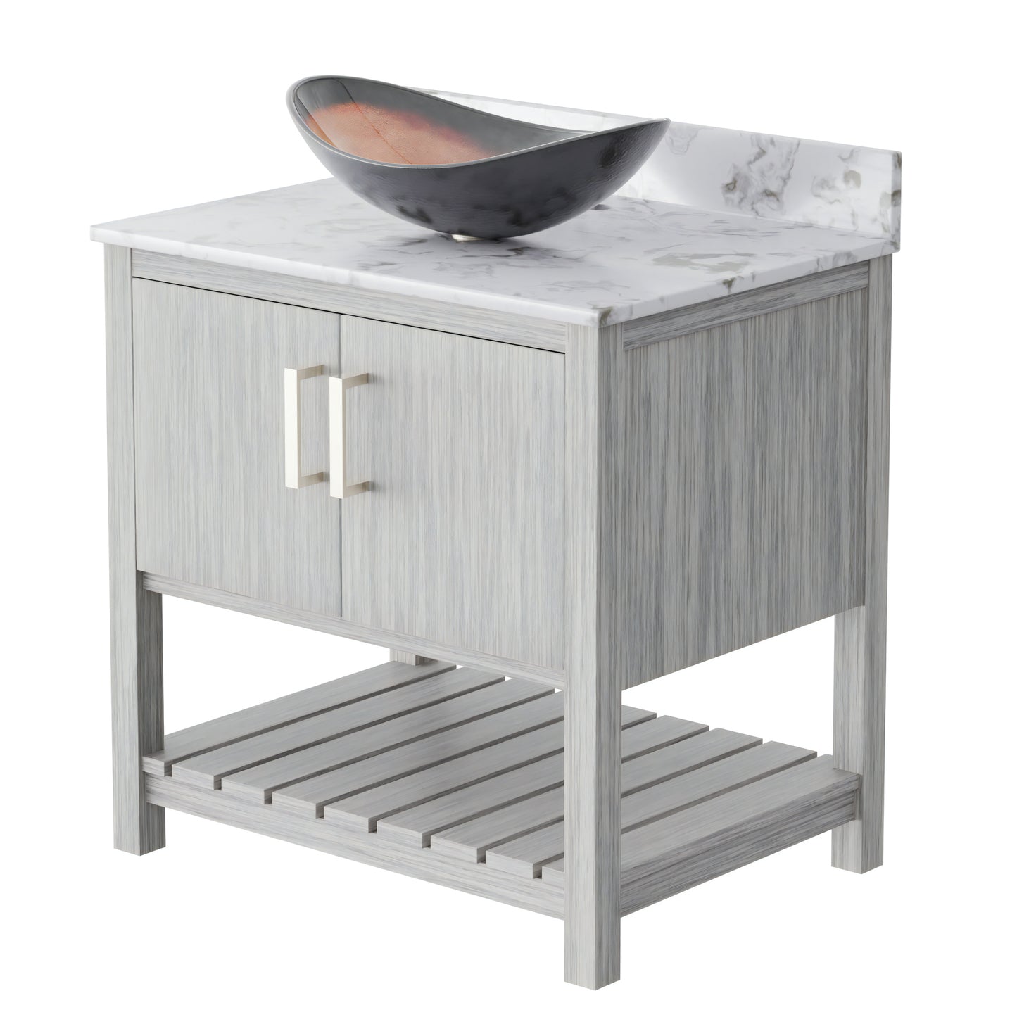 30-inch Novatto bath vanity with café mocha quartz countertop and integrated sink, showcasing sleek bathroom accessory design.