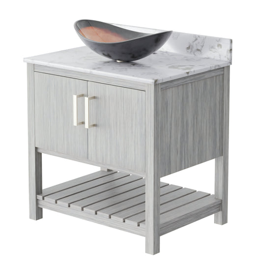 30-inch Novatto bath vanity with café mocha quartz countertop and integrated sink, showcasing sleek bathroom accessory design.
