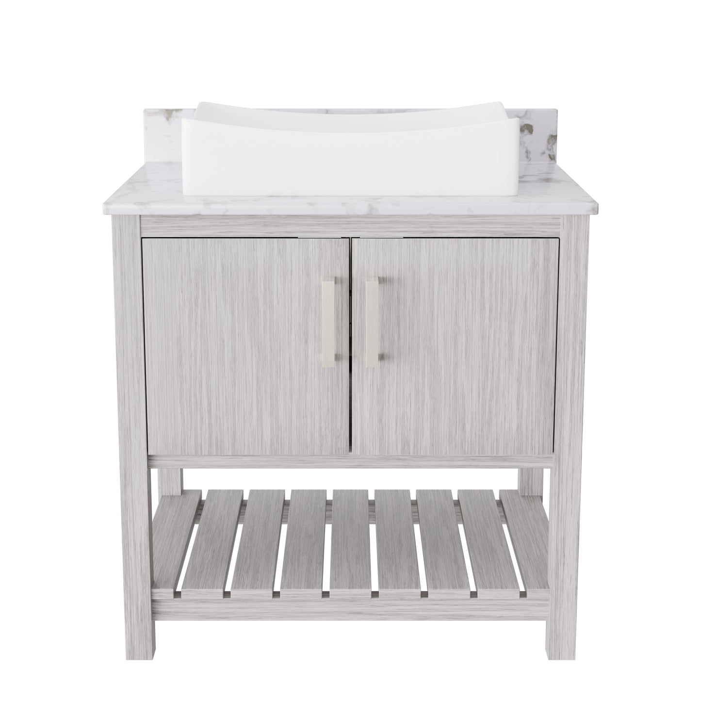 30-inch Novatto bath vanity with café mocha quartz countertop and integrated sink, showcasing modern bathroom accessory design.