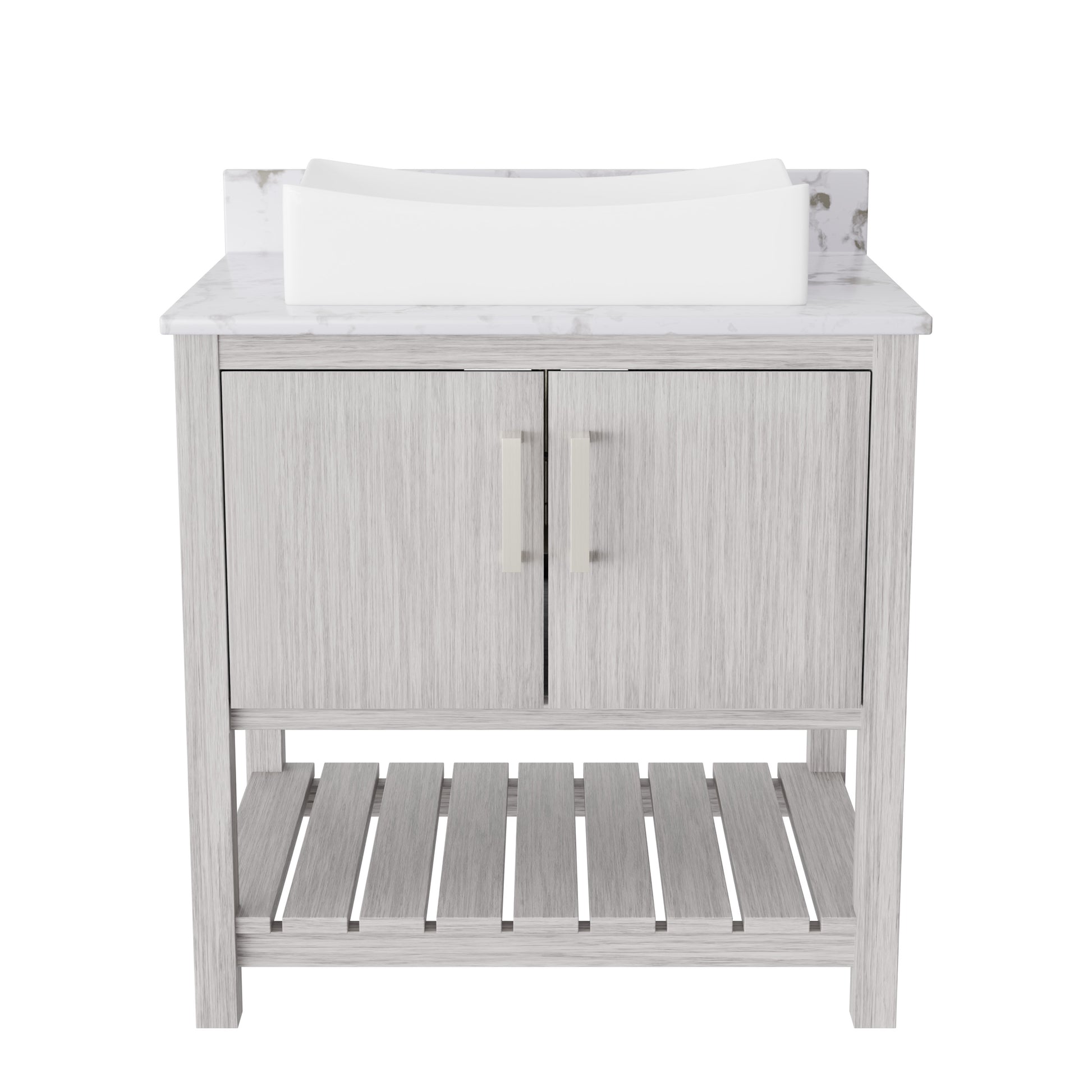 30-inch Novatto bath vanity with café mocha quartz countertop and integrated sink, showcasing modern bathroom accessory design.