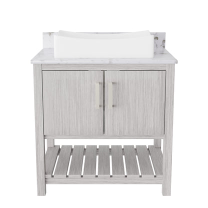 30-inch Novatto bath vanity with café mocha quartz countertop and integrated sink, showcasing modern bathroom accessory design.