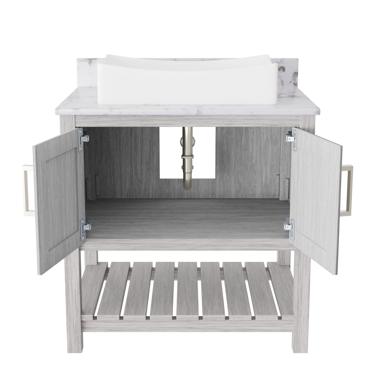 30-inch Novatto bath vanity with café mocha quartz countertop and integrated sink, showcasing a modern bathroom accessory.