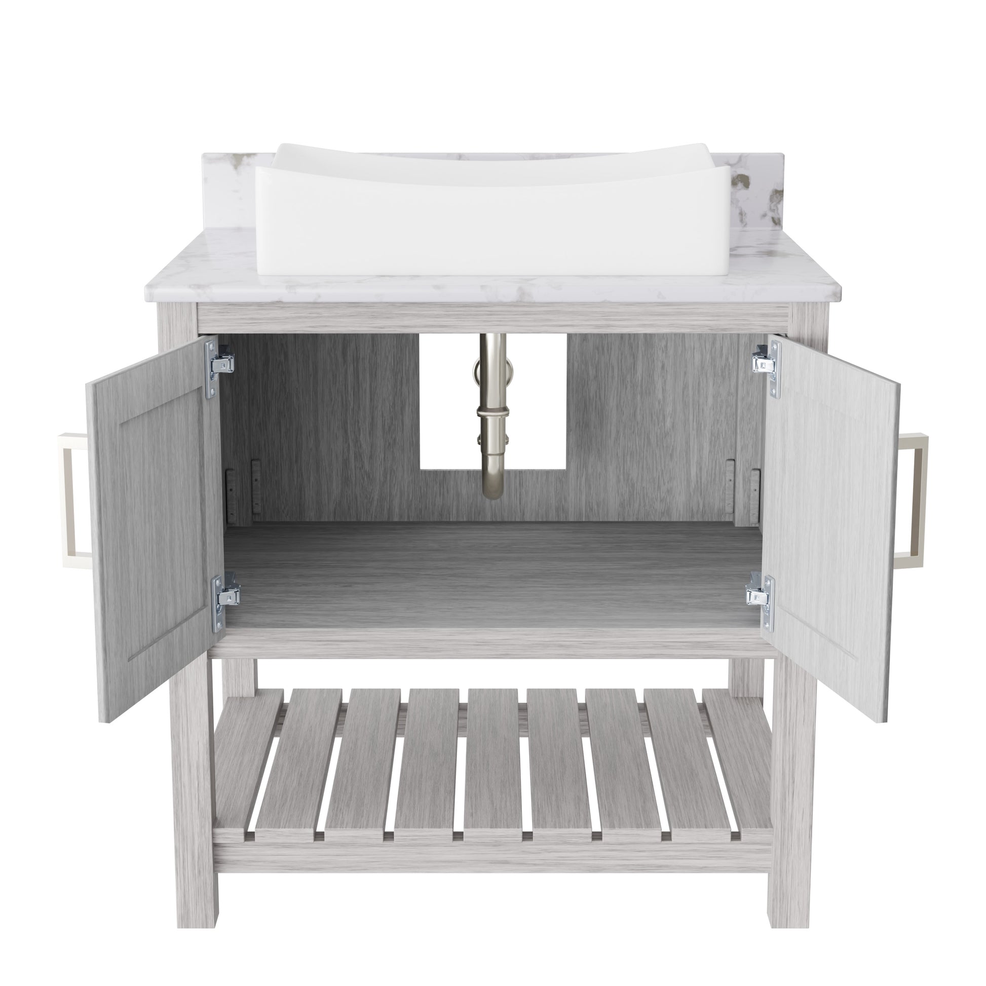 30-inch Novatto bath vanity with café mocha quartz countertop and integrated sink, showcasing a modern bathroom accessory.