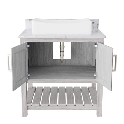 30-inch Novatto bath vanity with café mocha quartz countertop and integrated sink, showcasing a modern bathroom accessory.