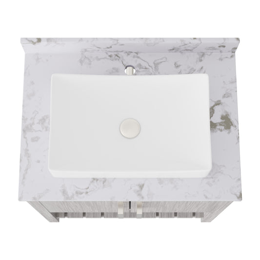 30-inch Novatto bath vanity with café mocha quartz counter and sink, showcasing a sleek bathroom accessory design.
