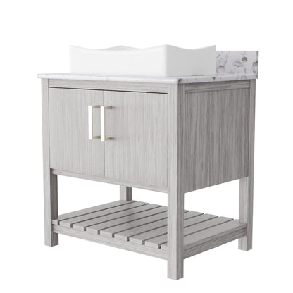 Novatto 30-inch bath vanity with café mocha quartz countertop and sink, featuring a sleek, modern bathroom accessory design.