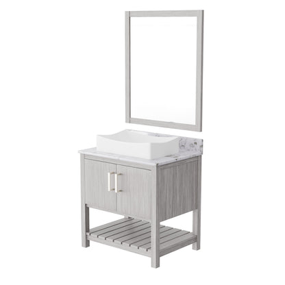 30-inch Novatto bath vanity with café mocha quartz countertop and integrated sink, showcasing modern bathroom accessory design.
