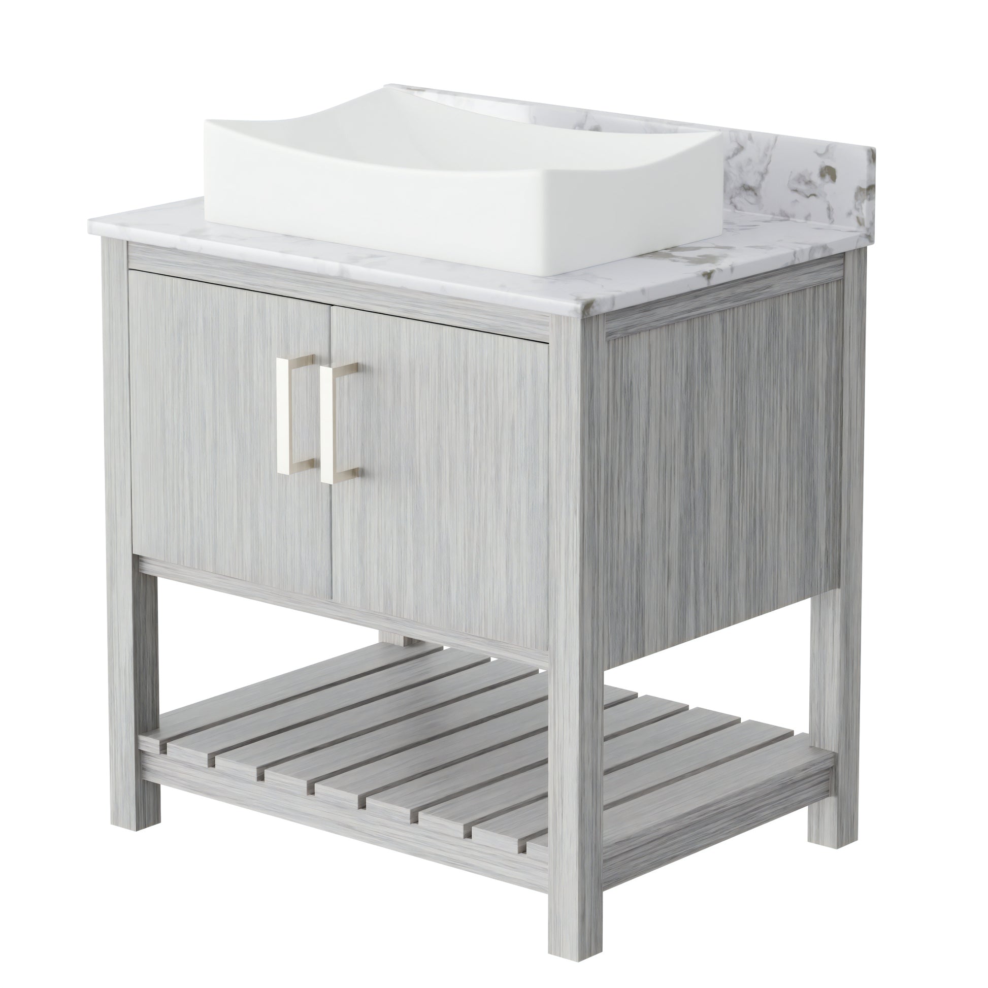 30-inch Novatto bath vanity with café mocha quartz countertop and sink, featuring a sleek, modern bathroom accessory design.