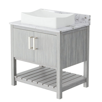 30-inch Novatto bath vanity with café mocha quartz countertop and sink, featuring a sleek, modern bathroom accessory design.