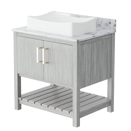 30-inch Novatto bath vanity with café mocha quartz countertop and sink, featuring a sleek, modern bathroom accessory design.