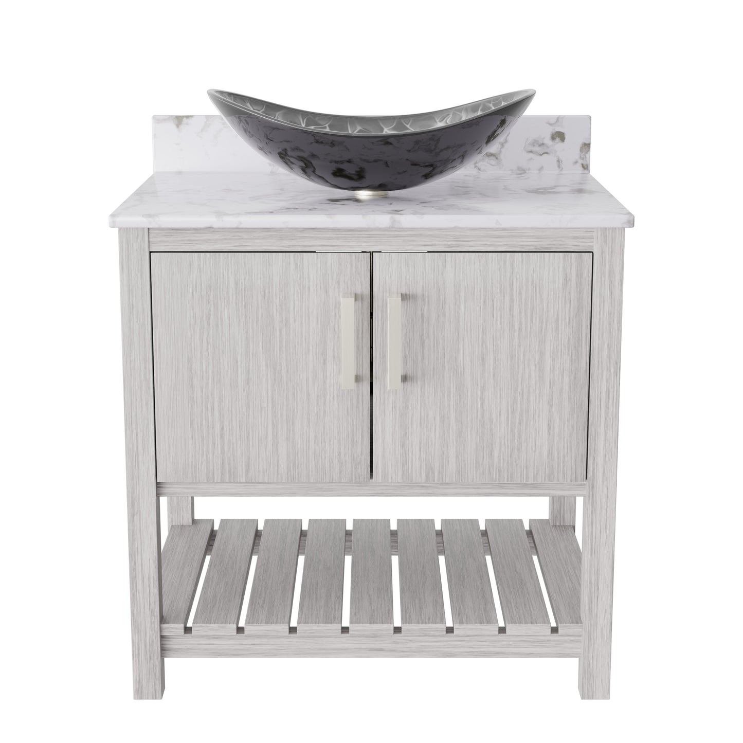 30-inch Novatto bath vanity with café mocha quartz countertop and integrated sink, featuring a modern accessory design.
