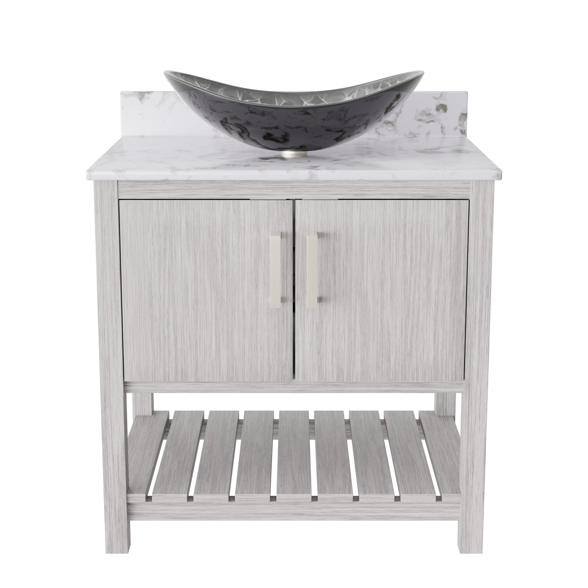 30-inch Novatto bath vanity with café mocha quartz countertop and integrated sink, featuring a modern accessory design.