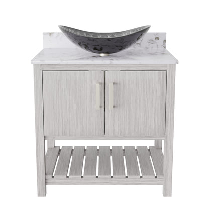30-inch Novatto bath vanity with café mocha quartz countertop and integrated sink, featuring a modern accessory design.