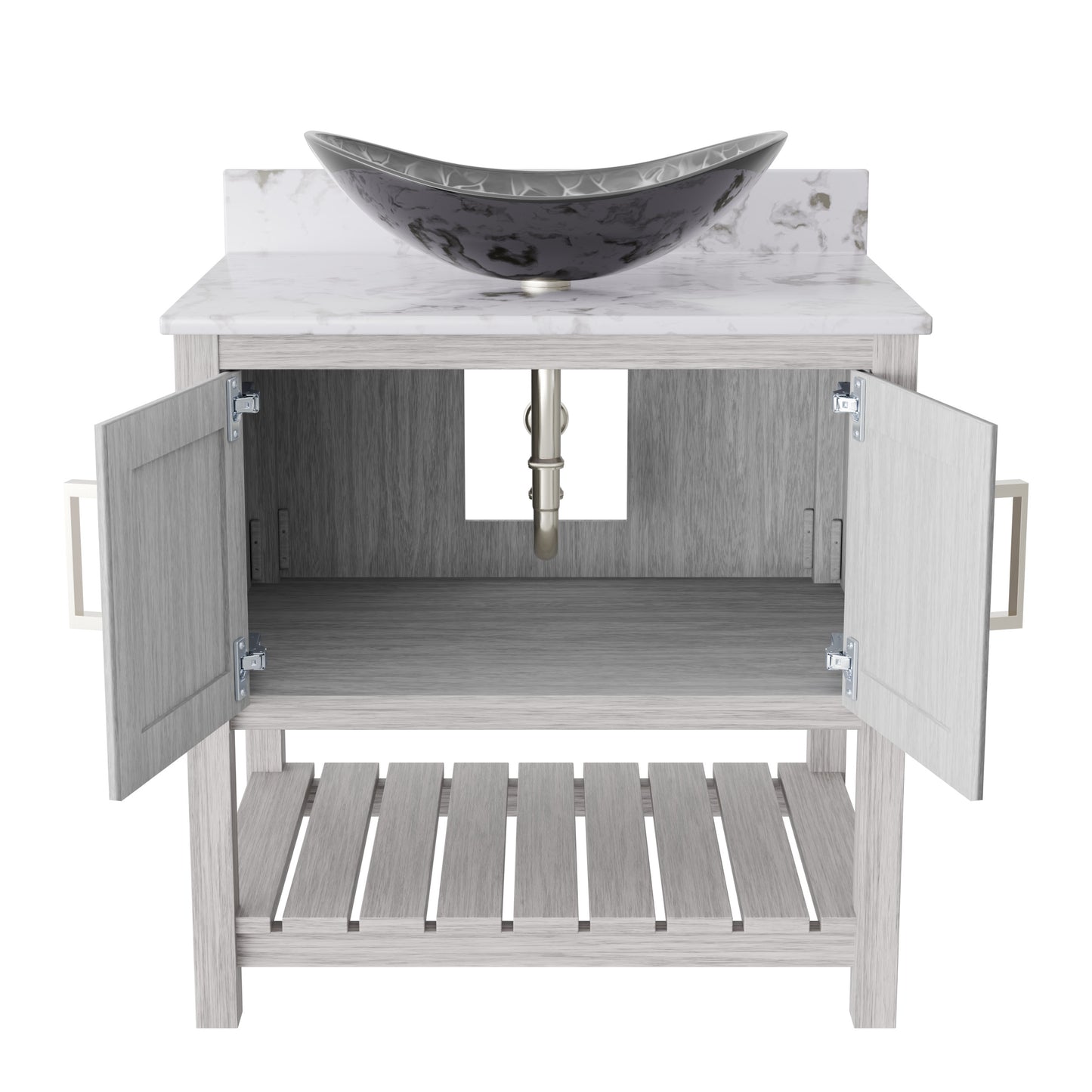 30-inch Novatto bath vanity with café mocha quartz countertop and integrated sink, showcasing modern bathroom accessory design.