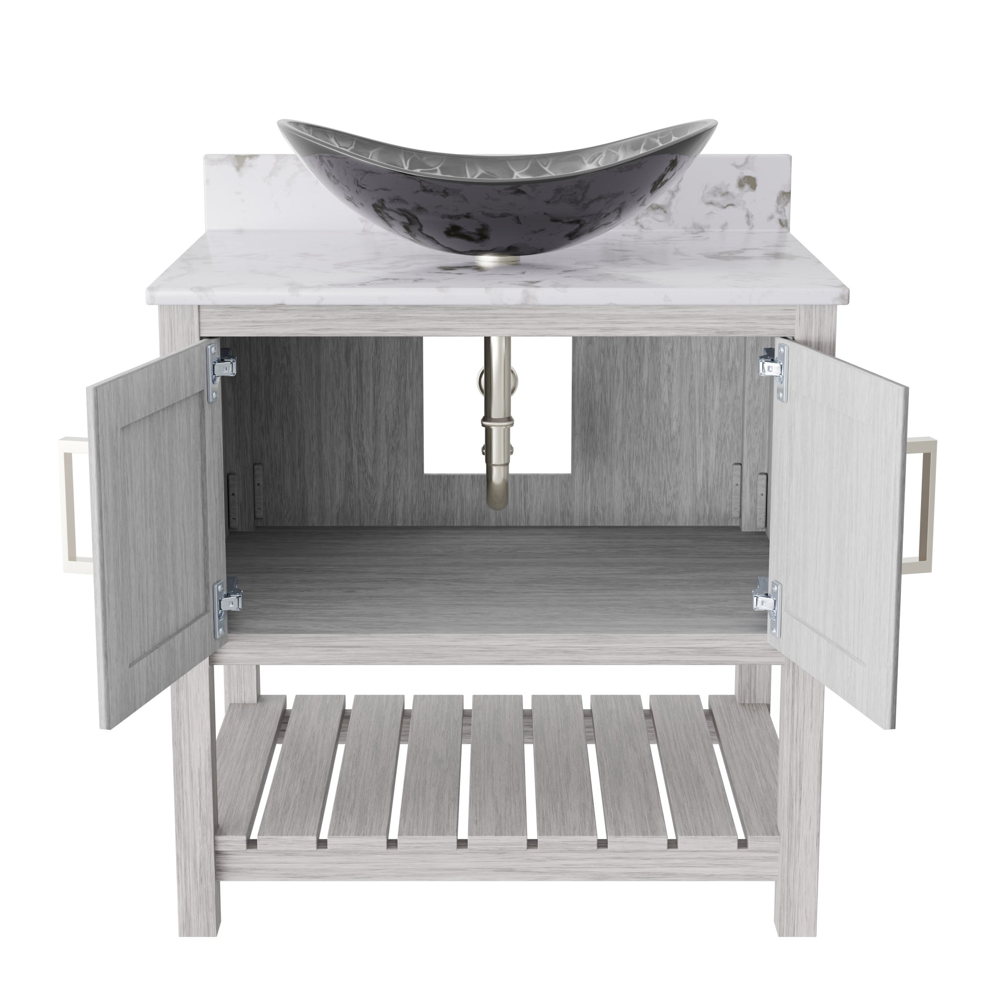 30-inch Novatto bath vanity with café mocha quartz countertop and integrated sink, showcasing modern bathroom accessory design.