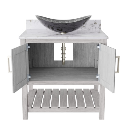 30-inch Novatto bath vanity with café mocha quartz countertop and integrated sink, showcasing modern bathroom accessory design.