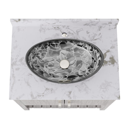 30-inch Novatto bath vanity with café mocha quartz countertop and integrated sink, showcasing elegant bathroom accessory design.