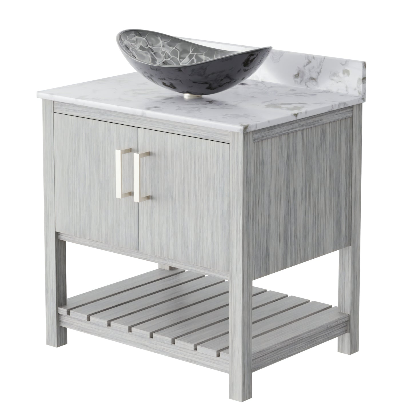 30-inch Novatto bath vanity with café mocha quartz countertop and integrated sink, showcasing a modern bathroom accessory.