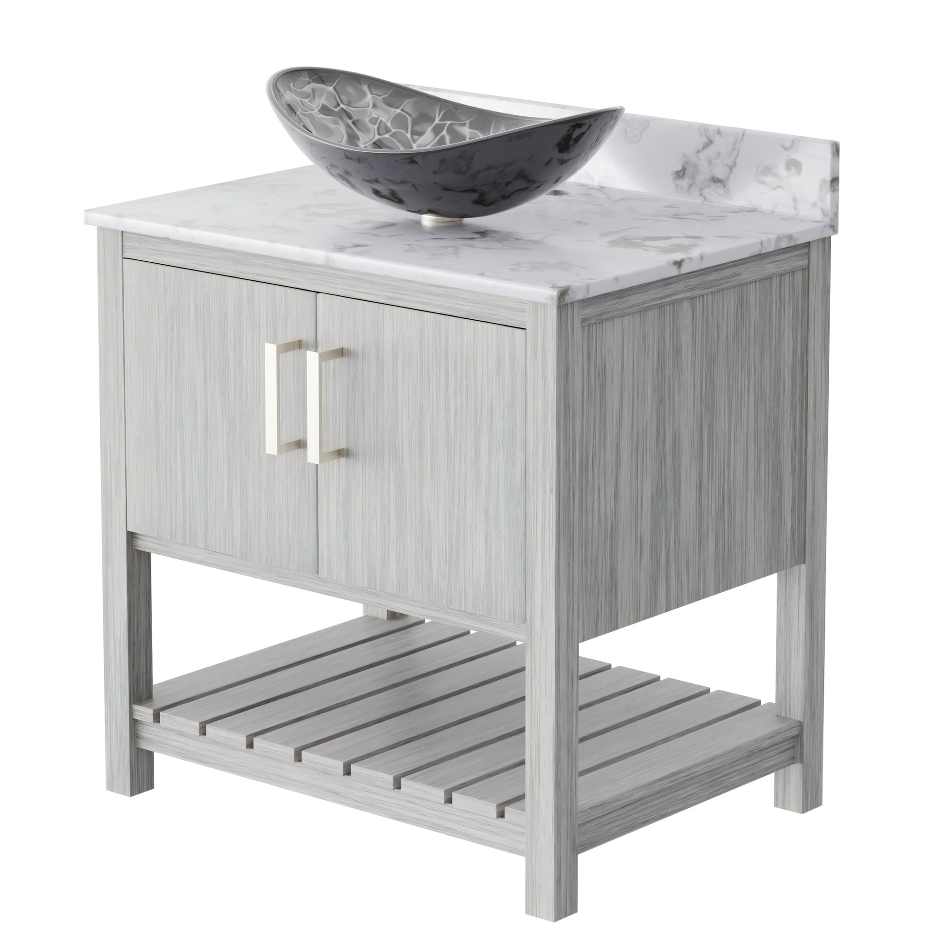 30-inch Novatto bath vanity with café mocha quartz countertop and integrated sink, showcasing a modern bathroom accessory.