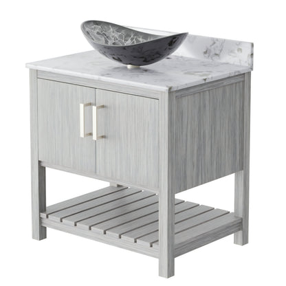 30-inch Novatto bath vanity with café mocha quartz countertop and integrated sink, showcasing a modern bathroom accessory.