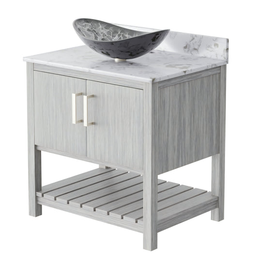 30-inch Novatto bath vanity with café mocha quartz countertop and integrated sink, showcasing a modern bathroom accessory.